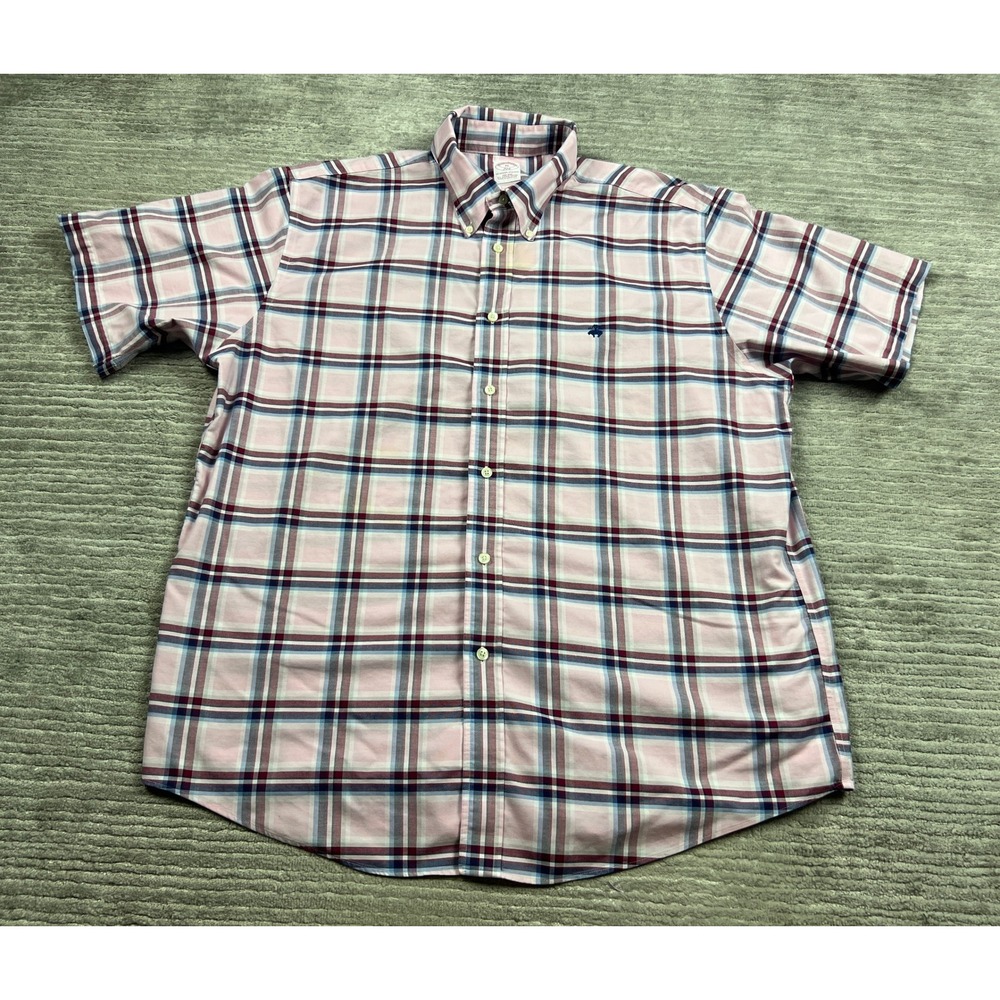 Brooks Brothers Shirt Mens XL Pink Blue Plaid 346 Supima Cotton Non-Iron S/S